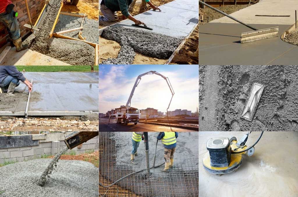 Collage of concrete work: pouring, screeding, finishing, and polishing